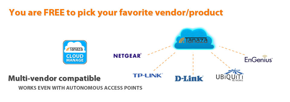 Cloud manage any AP: Netgear, TP-Link, Engenius, Ubiquiti and more are supported! Tanaza is a vendor-independent community.